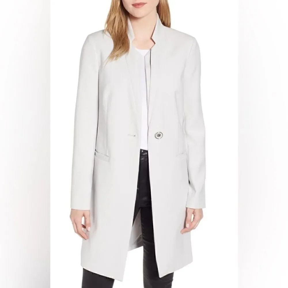 Kenneth Cole Womens Ponte-Knit Inverted-Collar Coat Stretch Silver Medium NWT
